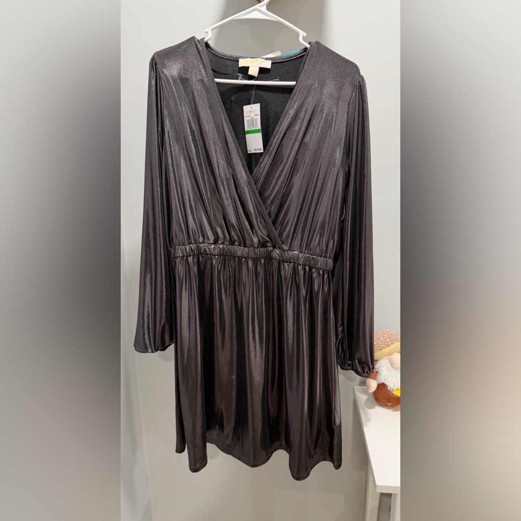 Michael Michael Kors Shiny Black Wrap-Style Long Sleeve Dress